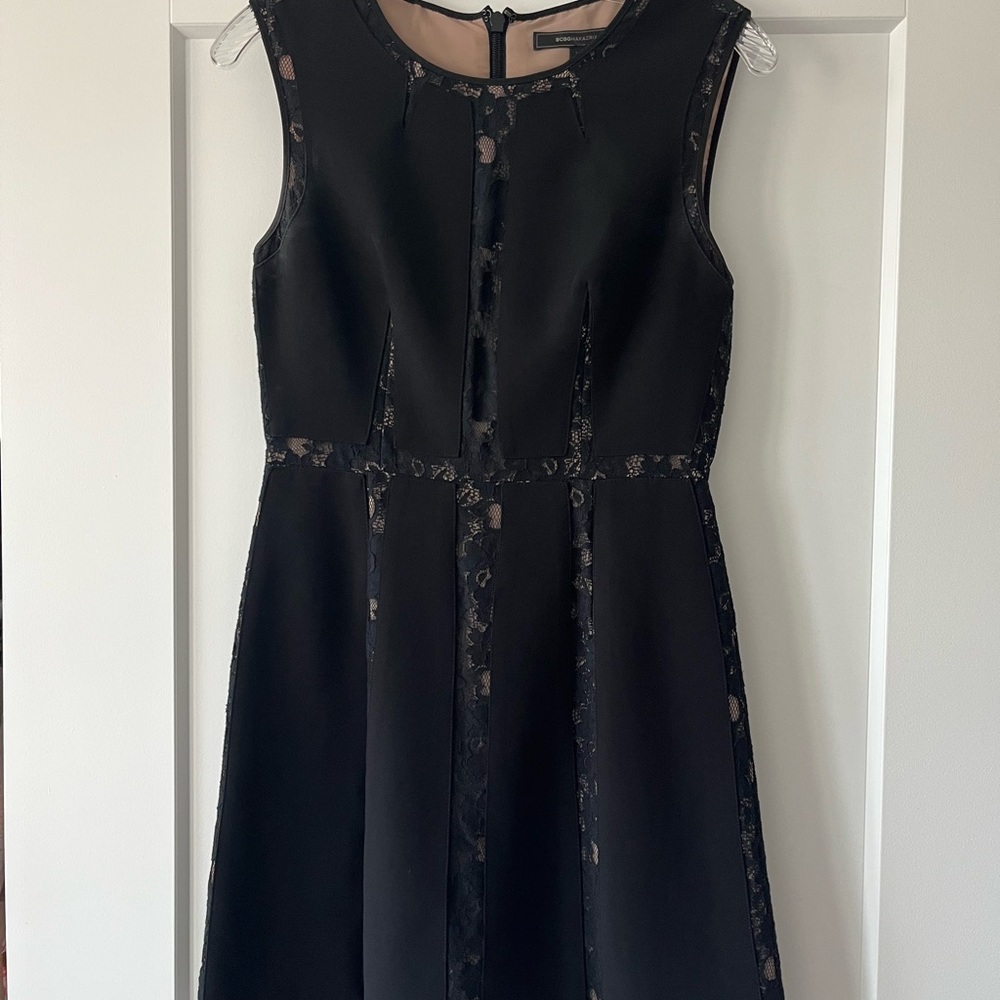 BCBGMaxAzria Black Sleeveless Midi Dress with Lace Trim